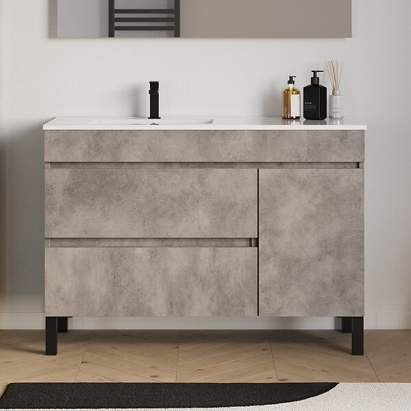 COSYNEO - Meuble de salle de bain 120cm sur pieds avec vasque déportée à gauche avec porte et tiroirs - ciment (gris) - LAZARO - large