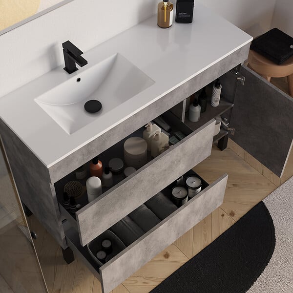 COSYNEO - Meuble de salle de bain 120cm sur pieds avec vasque déportée à gauche avec porte et tiroirs - ciment (gris) - LAZARO - large