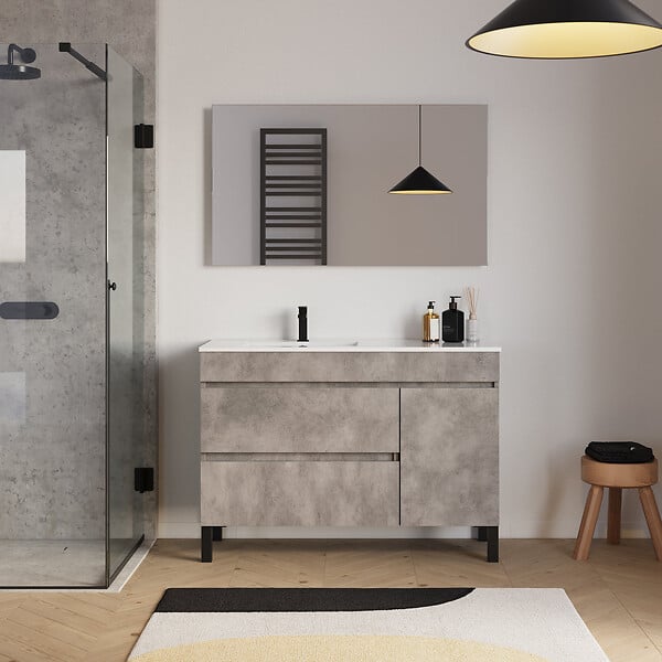 COSYNEO - Meuble de salle de bain 120cm sur pieds avec vasque déportée à gauche avec porte et tiroirs - ciment (gris) - LAZARO - large