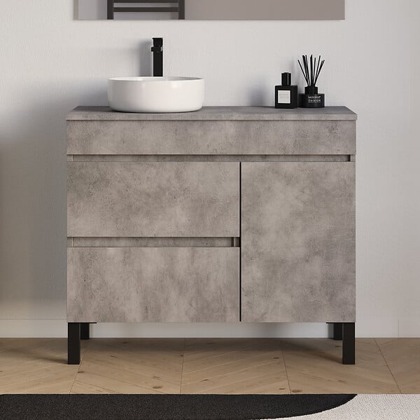 COSYNEO - Meuble de salle de bain 90cm avec plateau et vasque à poser ronde - porte et tiroirs - sans miroir - ciment (gris) - LAZARO - large