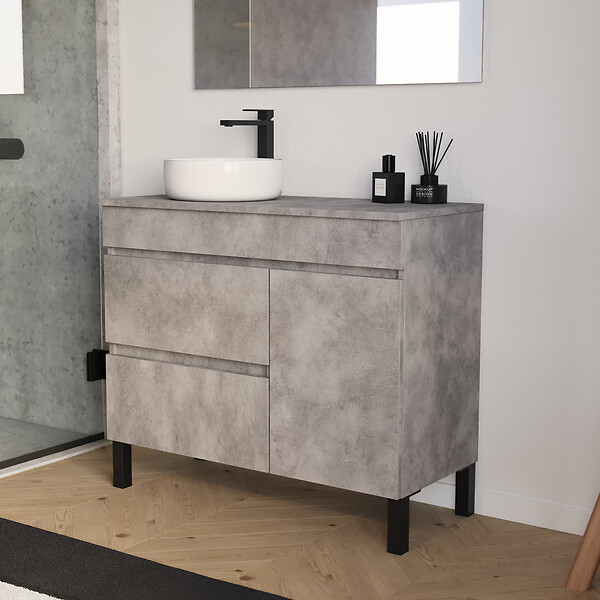 COSYNEO - Meuble de salle de bain 90cm avec plateau et vasque à poser ronde - porte et tiroirs - sans miroir - ciment (gris) - LAZARO - large