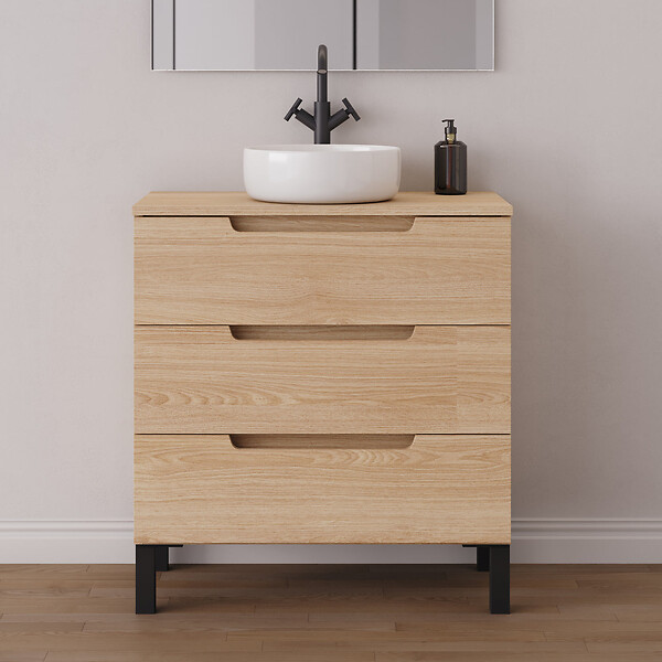 COSYNEO - Meuble de salle de bain 80cm avec plateau et vasque à poser ronde - 3 tiroirs - roble era (chêne clair) - RIZA - large