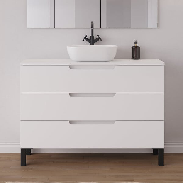 COSYNEO - Meuble de salle de bain 120cm avec plateau et vasque à poser arrondie - 3 tiroirs - blanc mat - RIZA - large