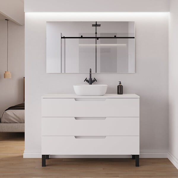COSYNEO - Meuble de salle de bain 120cm avec plateau et vasque à poser arrondie - 3 tiroirs - blanc mat - RIZA - large