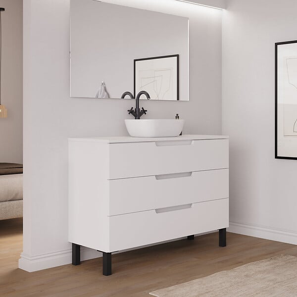 COSYNEO - Meuble de salle de bain 120cm avec plateau et vasque à poser arrondie - 3 tiroirs - blanc mat - RIZA - large