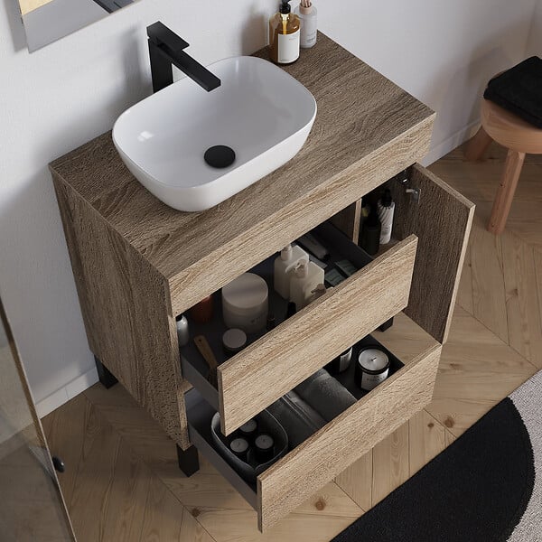COSYNEO - Meuble de salle de bain 80cm avec plateau et vasque à poser arrondie - porte et tiroirs - sans miroir - cambrian (chêne clair) - LAZARO - large