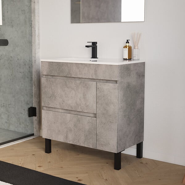 COSYNEO - Meuble de salle de bain 80cm sur pieds avec vasque déportée à gauche - sans miroir - porte et tiroirs - ciment (gris) - LAZARO - large