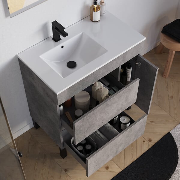 COSYNEO - Meuble de salle de bain 80cm sur pieds avec vasque déportée à gauche - sans miroir - porte et tiroirs - ciment (gris) - LAZARO - large