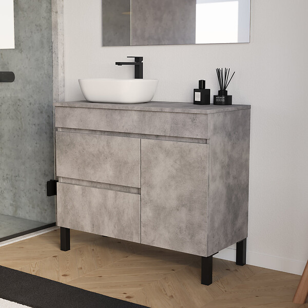 COSYNEO - Meuble de salle de bain 90cm avec plateau et vasque à poser arrondie - porte et tiroirs - ciment (gris) - LAZARO - large