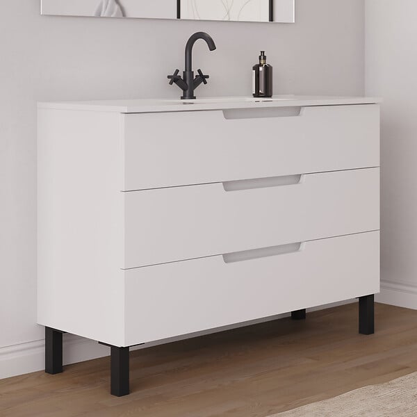 COSYNEO - Meuble de salle de bain 120cm simple vasque - 3 tiroirs - sans miroir - blanc mat - RIZA - large