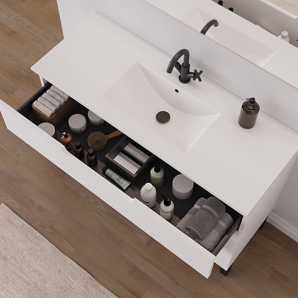 COSYNEO - Meuble de salle de bain 120cm simple vasque - 3 tiroirs - sans miroir - blanc mat - RIZA - large