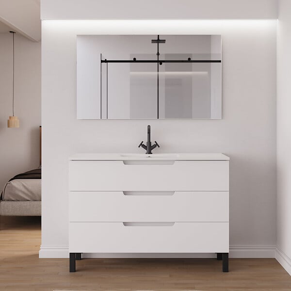COSYNEO - Meuble de salle de bain 120cm simple vasque - 3 tiroirs - sans miroir - blanc mat - RIZA - large