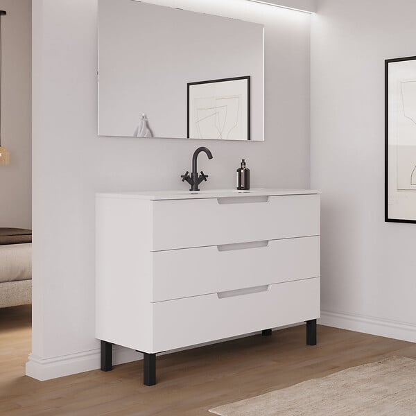 COSYNEO - Meuble de salle de bain 120cm simple vasque - 3 tiroirs - sans miroir - blanc mat - RIZA - large