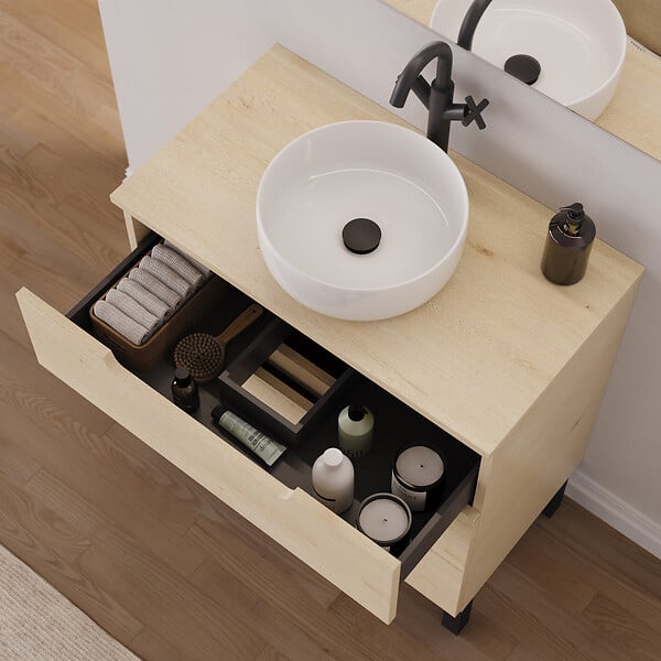COSYNEO - Meuble de salle de bain 70cm avec plateau et vasque à poser ronde - sans miroir - 3 tiroirs - roble calima (bois clair) - RIZA - large