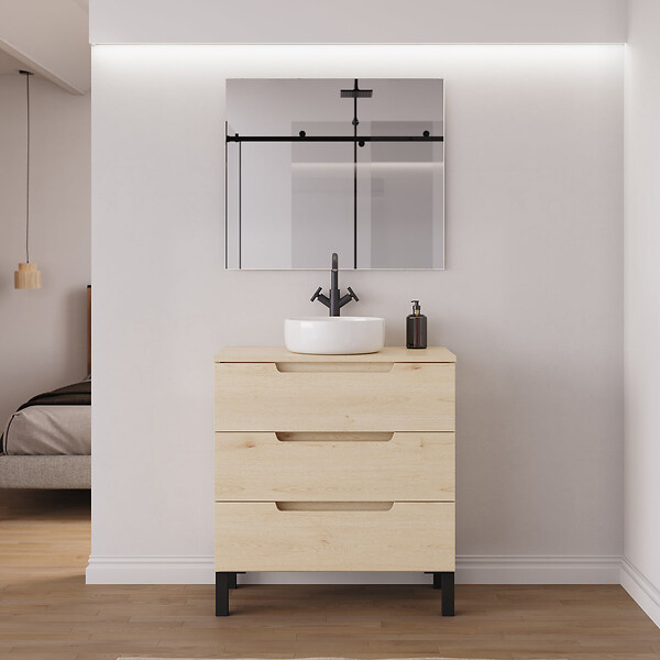 COSYNEO - Meuble de salle de bain 70cm avec plateau et vasque à poser ronde - sans miroir - 3 tiroirs - roble calima (bois clair) - RIZA - large