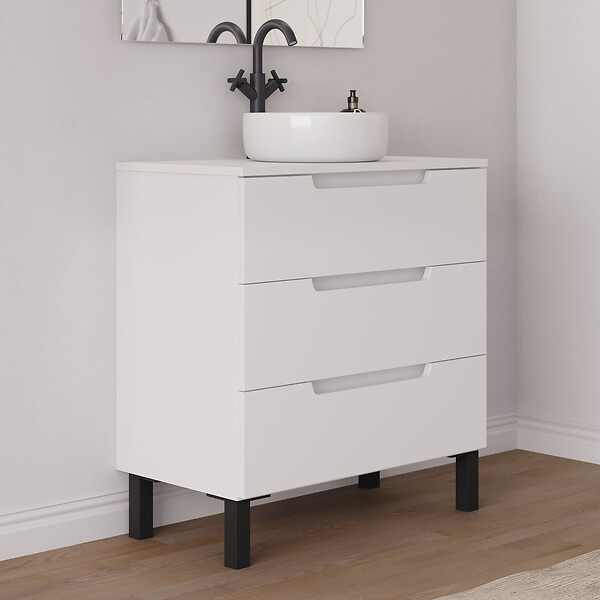 COSYNEO - Meuble de salle de bain 80cm avec plateau et vasque à poser ronde -  sans miroir - 3 tiroirs - blanc mat - RIZA - large
