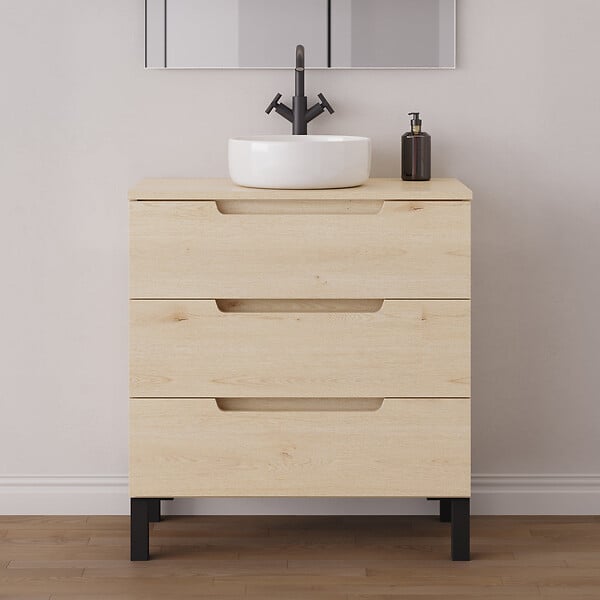 COSYNEO - Meuble de salle de bain 80cm avec plateau et vasque à poser ronde - 3 tiroirs - roble calima (bois clair) - RIZA - large