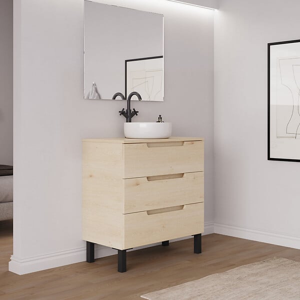 COSYNEO - Meuble de salle de bain 80cm avec plateau et vasque à poser ronde - 3 tiroirs - roble calima (bois clair) - RIZA - large