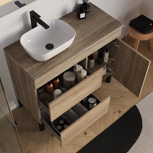 COSYNEO - Meuble de salle de bain 100cm avec plateau et vasque à poser arrondie - porte et tiroirs - sans miroir - cambrian (chêne clair) - LAZARO - large