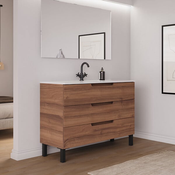 COSYNEO - Meuble de salle de bain 120cm simple vasque - 3 tiroirs - noyer (bois foncé) - RIZA - large