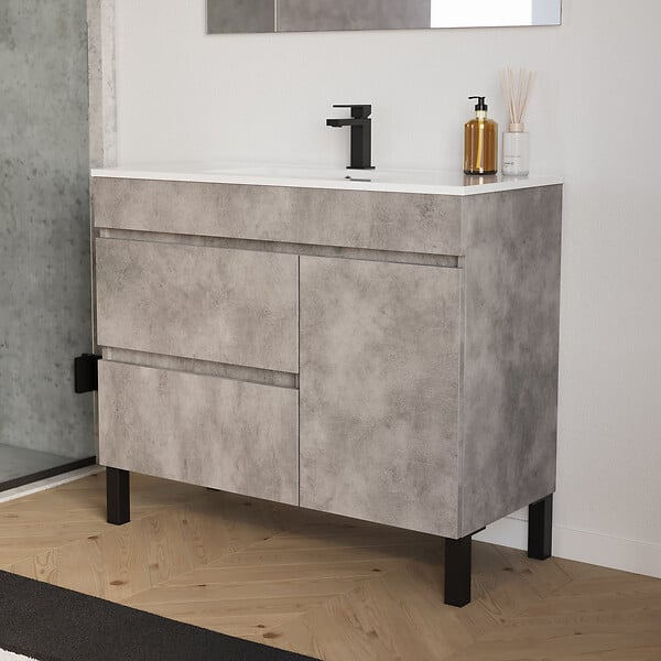 COSYNEO - Meuble de salle de bain 100cm simple vasque sur pieds avec porte et tiroirs - ciment (gris) - LAZARO - large