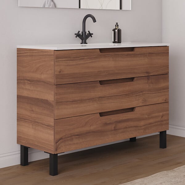 COSYNEO - Meuble de salle de bain 120cm simple vasque - 3 tiroirs - sans miroir - noyer (bois foncé) - RIZA - large