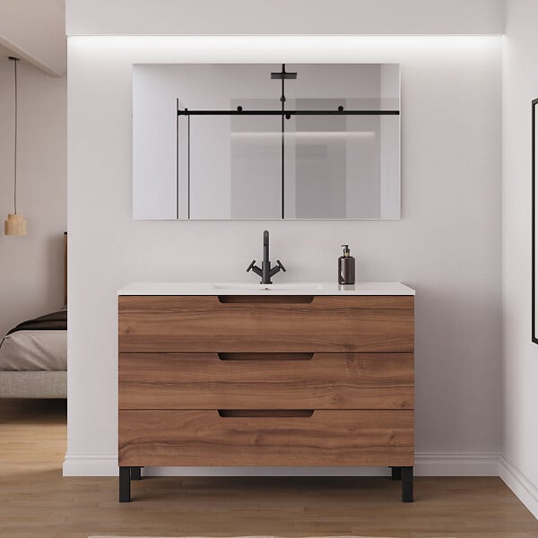 COSYNEO - Meuble de salle de bain 120cm simple vasque - 3 tiroirs - sans miroir - noyer (bois foncé) - RIZA - large