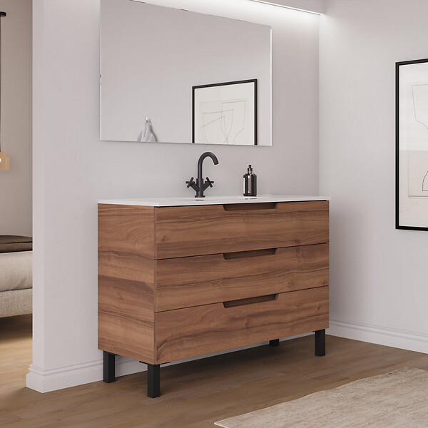 COSYNEO - Meuble de salle de bain 120cm simple vasque - 3 tiroirs - sans miroir - noyer (bois foncé) - RIZA - large