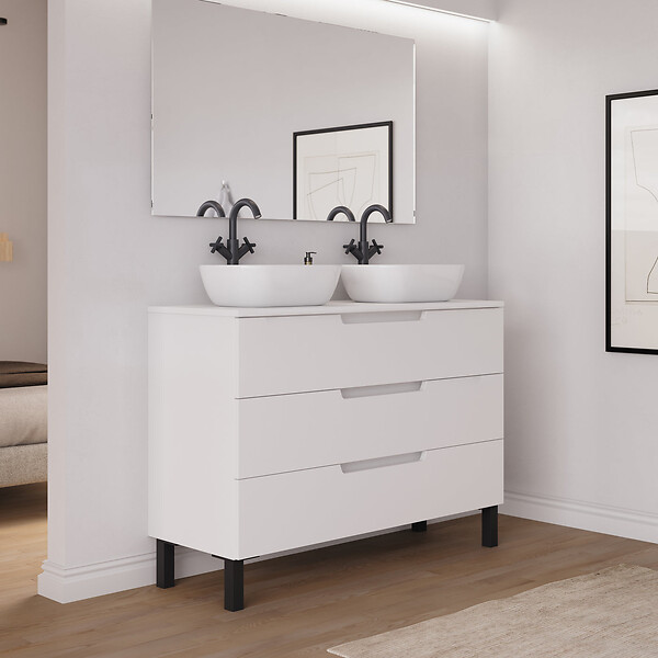 COSYNEO - Meuble de salle de bain 120cm avec plateau et 2 vasques à poser arrondies - 3 tiroirs - blanc mat - RIZA - large