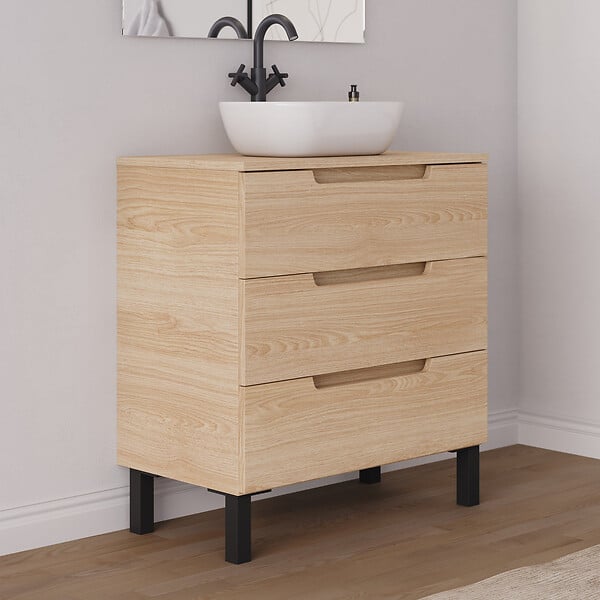 COSYNEO - Meuble de salle de bain 70cm avec plateau et vasque à poser arrondie - 3 tiroirs - roble era (chêne clair) - RIZA - large
