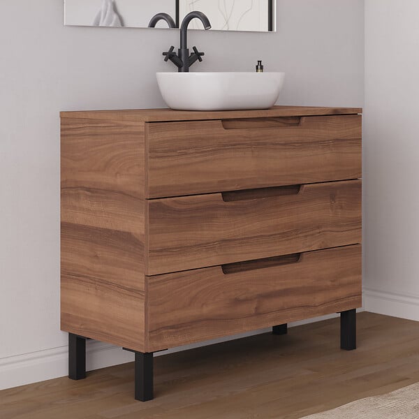 COSYNEO - Meuble de salle de bain 100cm avec plateau et vasque à poser arrondie - 3 tiroirs - noyer (bois foncé) - RIZA - large