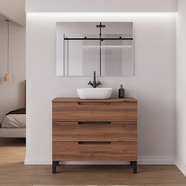 COSYNEO - Meuble de salle de bain 100cm avec plateau et vasque à poser arrondie - 3 tiroirs - noyer (bois foncé) - RIZA - large
