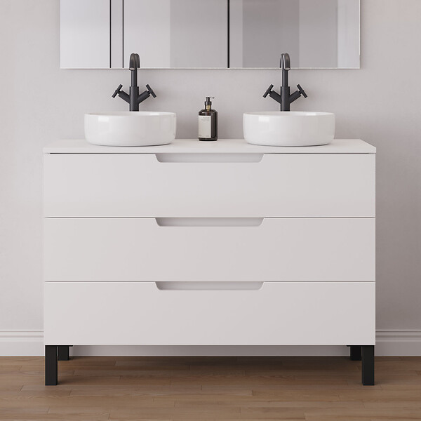 COSYNEO - Meuble de salle de bain 120cm avec plateau et 2 vasques à poser rondes - 3 tiroirs - blanc mat - RIZA - large