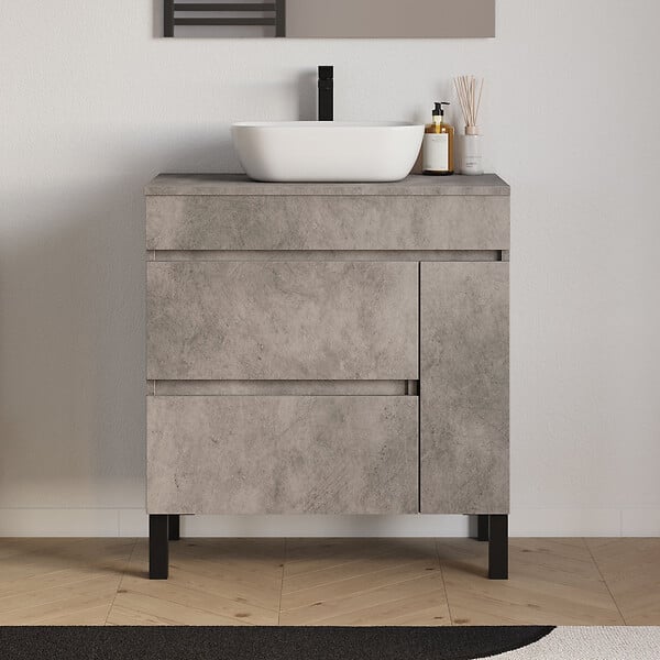 COSYNEO - Meuble de salle de bain 80cm avec plateau et vasque à poser arrondie - porte et tiroirs - ciment (gris) - LAZARO - large