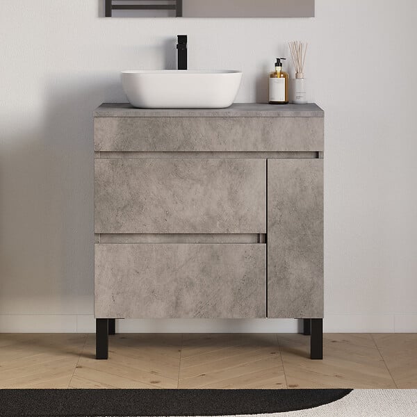 COSYNEO - Meuble de salle de bain 80cm avec plateau et vasque à poser arrondie - porte et tiroirs - ciment (gris) - LAZARO - large