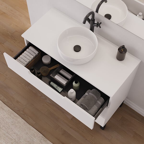 COSYNEO - Meuble de salle de bain 100cm avec plateau et vasque à poser ronde - 3 tiroirs - sans miroir - blanc mat - RIZA - large