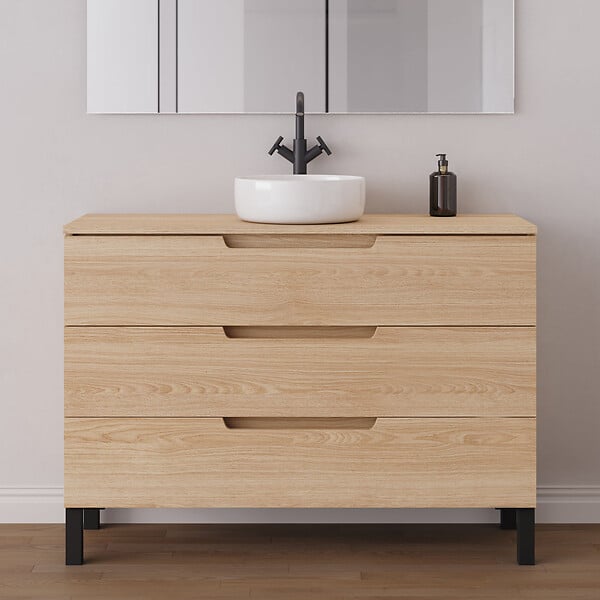 COSYNEO - Meuble de salle de bain 120cm avec plateau et vasque à poser ronde - 3 tiroirs - roble era (chêne clair) - RIZA - large