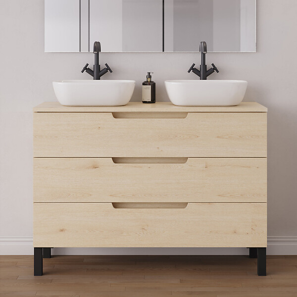 COSYNEO - Meuble de salle de bain 120cm avec plateau et 2 vasques à poser arrondies - 3 tiroirs - roble calima (bois clair) - RIZA - large