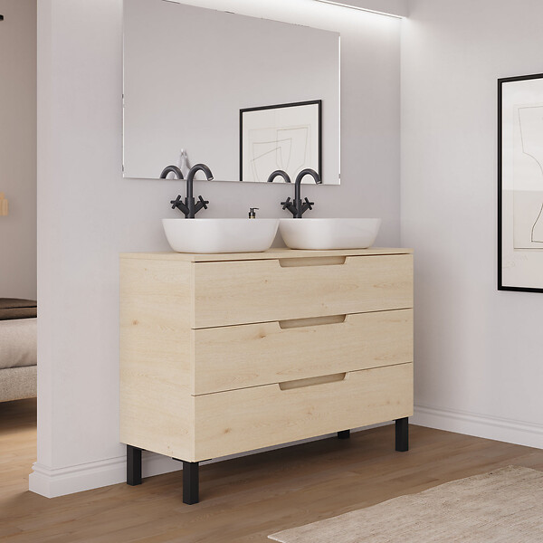 COSYNEO - Meuble de salle de bain 120cm avec plateau et 2 vasques à poser arrondies - 3 tiroirs - roble calima (bois clair) - RIZA - large