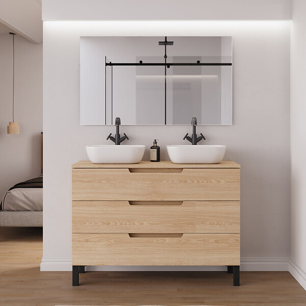 COSYNEO - Meuble de salle de bain 120cm avec plateau et 2 vasques à poser arrondies - 3 tiroirs - sans miroir - roble era (chêne clair) - RIZA - large
