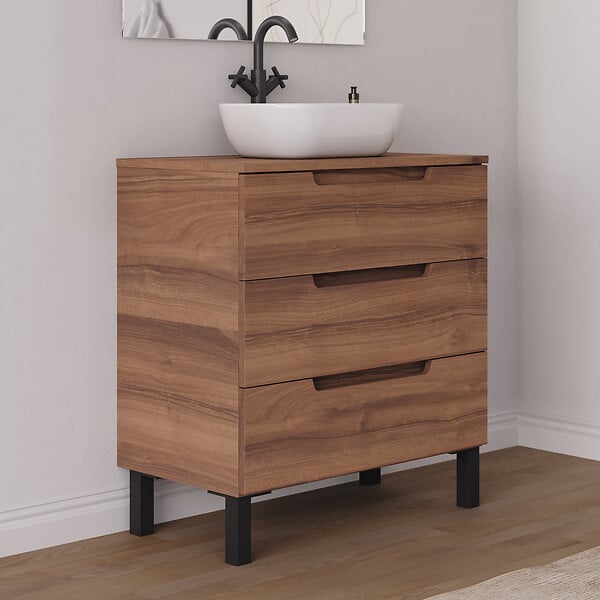 COSYNEO - Meuble de salle de bain 80cm avec plateau et vasque à poser arrondie - 3 tiroirs - noyer (bois foncé) - RIZA - large
