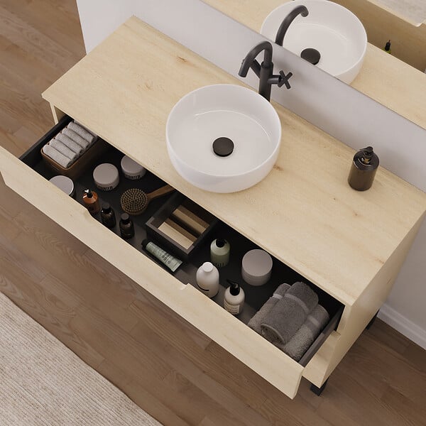 COSYNEO - Meuble de salle de bain 120cm avec plateau et vasque à poser ronde - 3 tiroirs - roble calima (bois clair) - RIZA - large