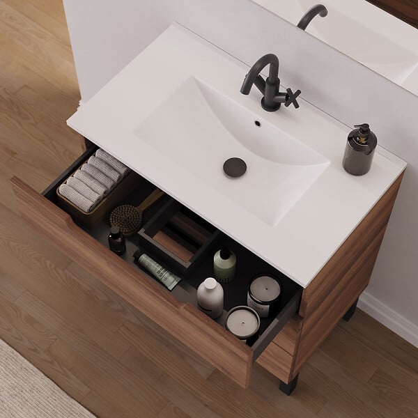 COSYNEO - Meuble de salle de bain 70cm simple vasque - sans miroir - 3 tiroirs - noyer (bois foncé) - RIZA - large