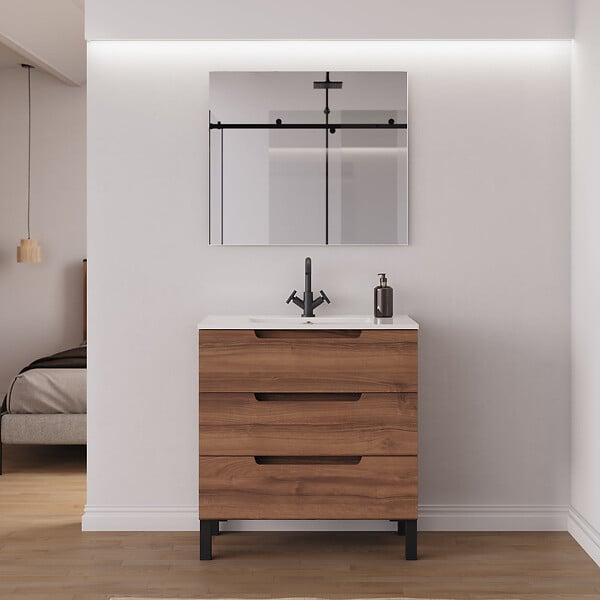 COSYNEO - Meuble de salle de bain 70cm simple vasque - sans miroir - 3 tiroirs - noyer (bois foncé) - RIZA - large