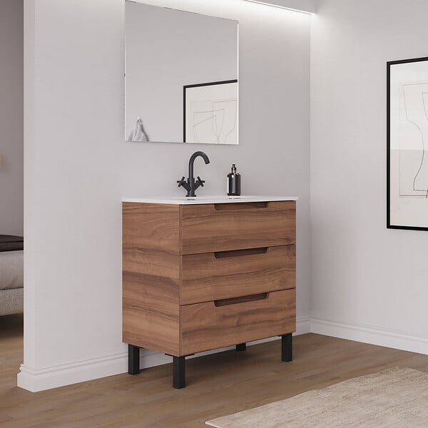 COSYNEO - Meuble de salle de bain 70cm simple vasque - sans miroir - 3 tiroirs - noyer (bois foncé) - RIZA - large