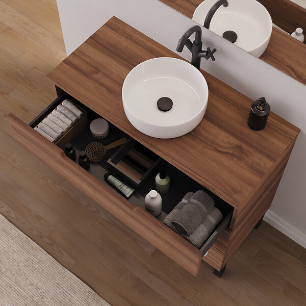 COSYNEO - Meuble de salle de bain 90cm avec plateau et vasque à poser ronde - 3 tiroirs - noyer (bois foncé) - RIZA - large