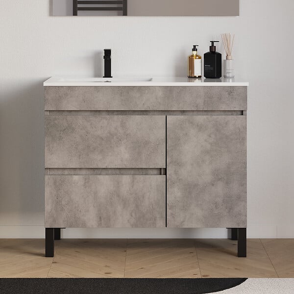 COSYNEO - Meuble de salle de bain 100cm sur pieds avec vasque déportée à gauche avec porte et tiroirs - ciment (gris) - LAZARO - large