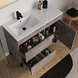 COSYNEO - Meuble de salle de bain 100cm sur pieds avec vasque déportée à gauche avec porte et tiroirs - ciment (gris) - LAZARO - vignette