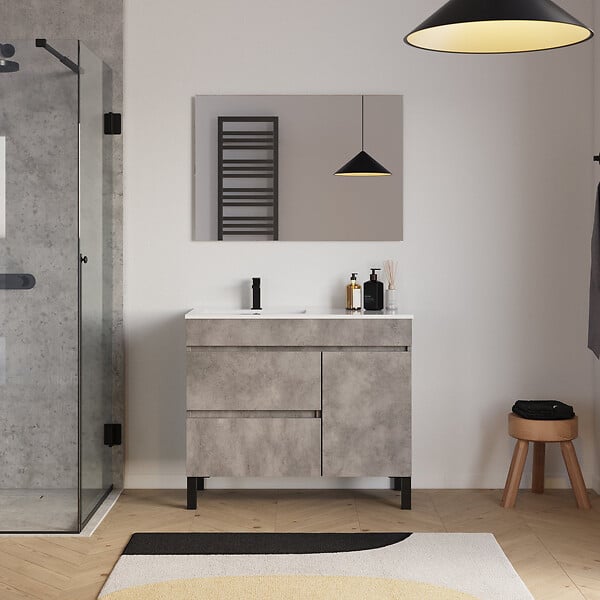 COSYNEO - Meuble de salle de bain 100cm sur pieds avec vasque déportée à gauche avec porte et tiroirs - ciment (gris) - LAZARO - large
