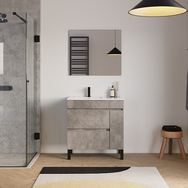 COSYNEO - Meuble de salle de bain 80cm sur pieds avec vasque déportée à gauche avec porte et tiroirs - ciment (gris) - LAZARO - large